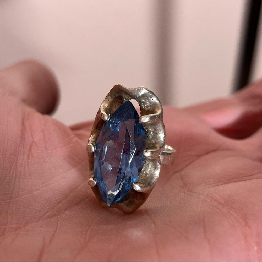 Antique art Deco Oversized Marquee Blue Topaz Brutalist Sterling Silver Ring - Picture 17 of 17
